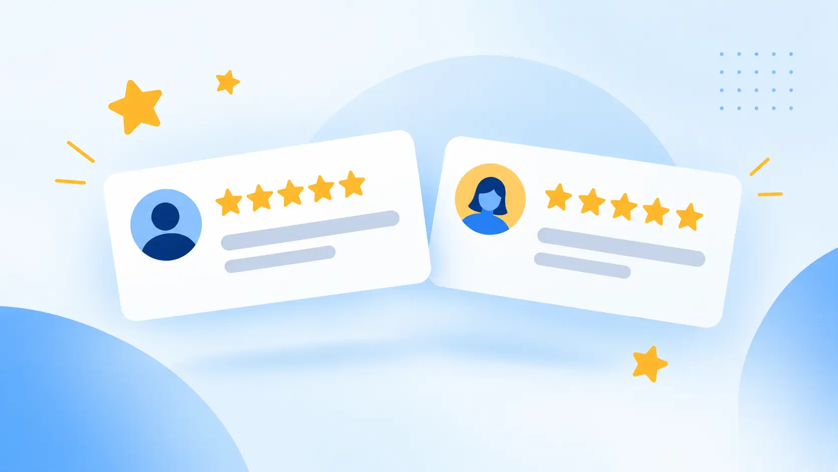 Illustration de deux fiches d'avis clients cinq étoiles, symbolisant les avis Google et Trustpilot